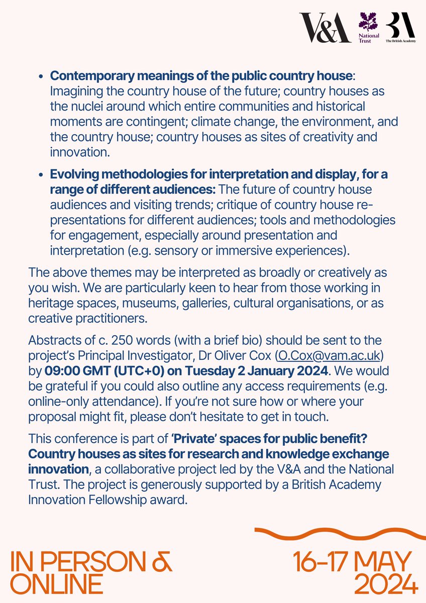 Absolutely thrilled to share the call for papers for a two-day conference co-convened by @V_and_A and @nationaltrust supported by @BritishAcademy_. Thanks to @lucy_brownson for her hard work and @TarnyaHC for leading the collaboration @nationaltrust . Get you paper proposals in!