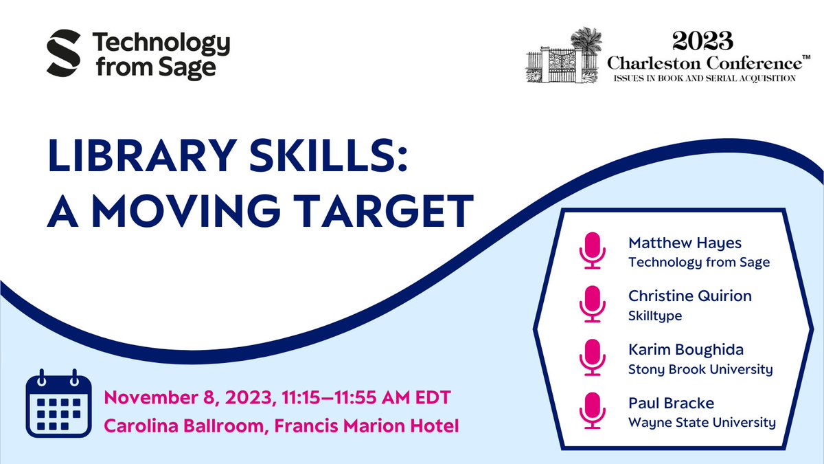 leanlibrary's tweet photo. We're delighted to have a session at this year's @chsconf - Library Skills: A Moving Target.
The panel will explore the findings from an upcoming report from #TechnologyfromSage and @Skilltype on librarian skills and curating careers.
Add to your agenda: https://t.co/BuGwhxJDbq https://t.co/IZnGYDwBJu