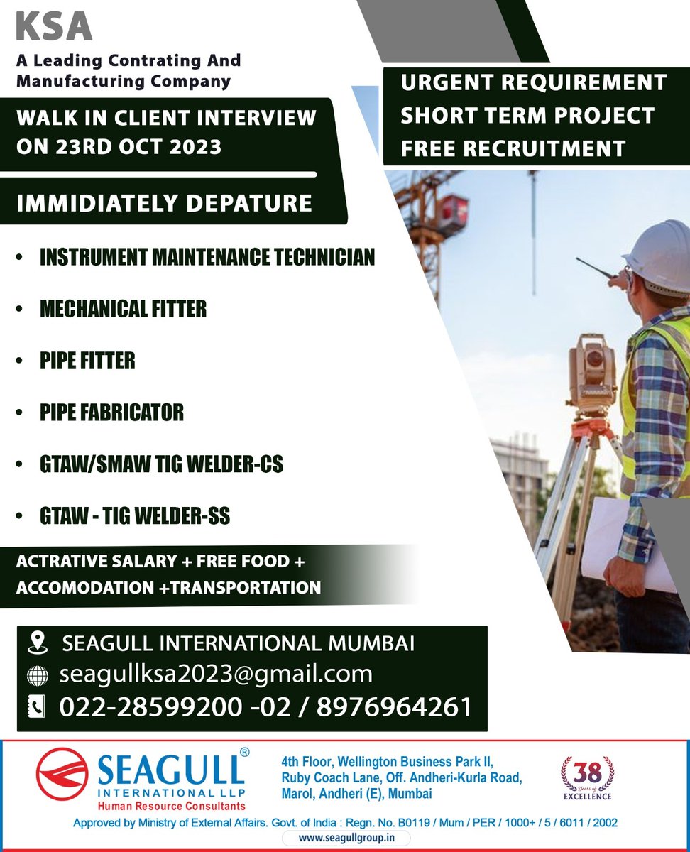 🇸🇦Ksa Jobs 
‼️Free Recruitment -Urgent Requirement 
🛫Immediate Departure
✔️Short Term Project 
🗓️Walk In Client Interview On 23rd October 2023
.

.

.
#ksajobs #seagull #mumbaijobs #instrumentmaintennancetechnician #mechanicalfitter #pipefitter #pipefabricators