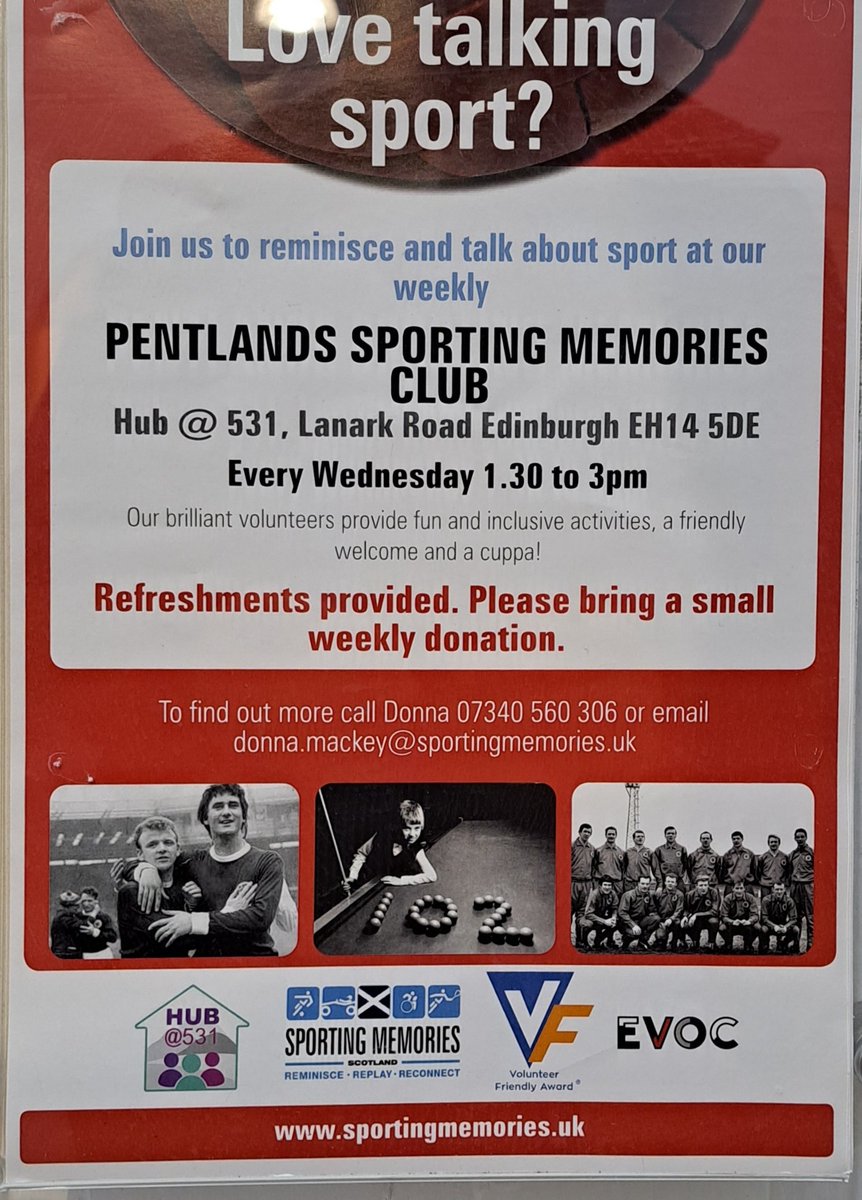 GMacdonaldSNP's tweet photo. Love talking sport? The Pentlands Sporting Memories Club meets every Wednesday afternoon in Juniper Green hub. https://t.co/J4vYOwnKcj