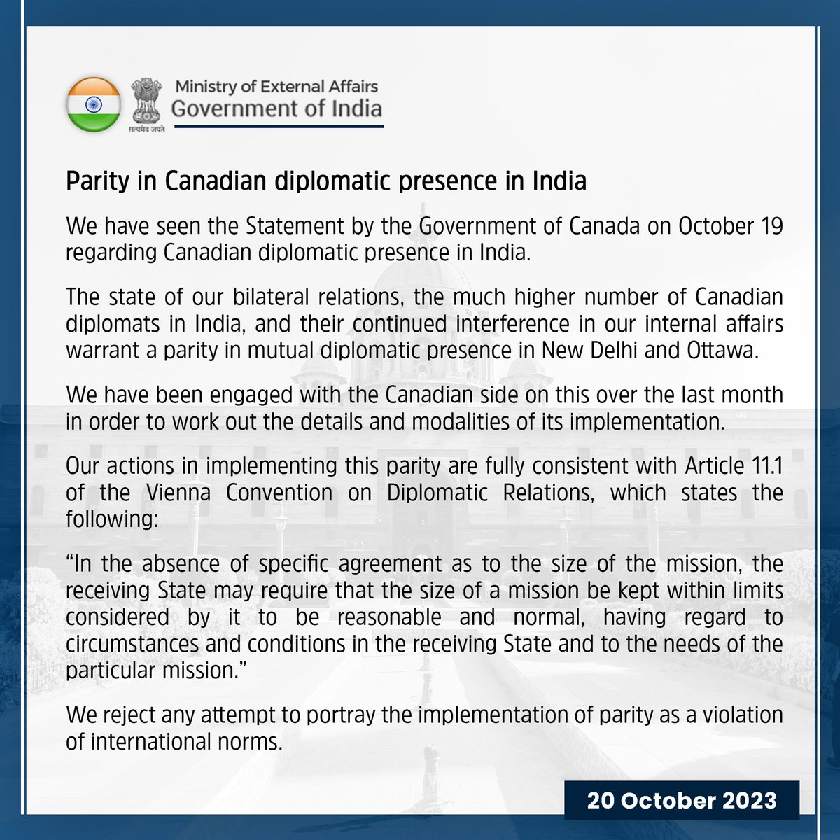 MEAIndia's tweet photo. Parity in Canadian diplomatic presence in India:

https://t.co/O1fqsrOx8n https://t.co/WxJojOrr5D
