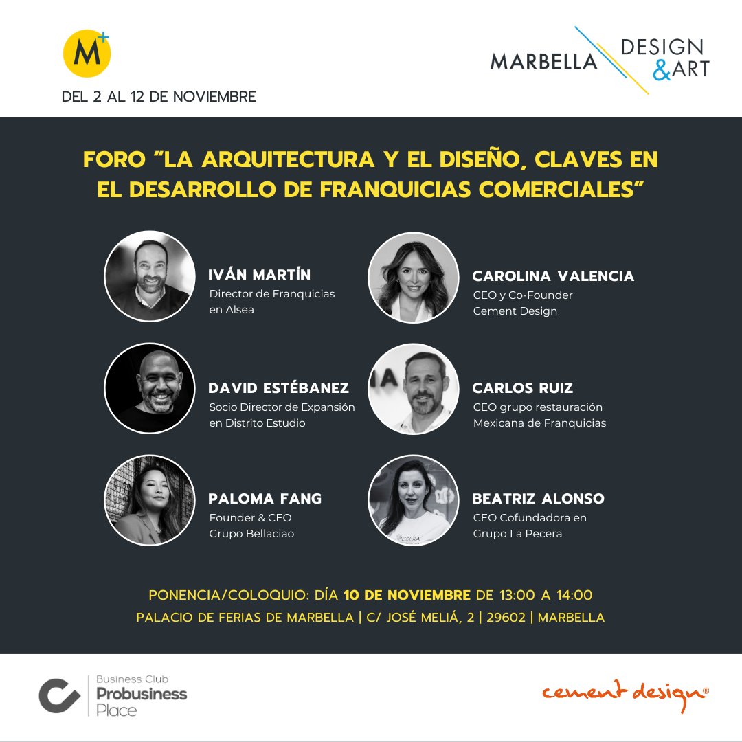 Cement Design patrocinador de Marbella Design & Art, del 2 al 12 de noviembre. Organizamos el foro 'La arquitectura y el diseño, claves en el desarrollo de franquicias comerciales'. ¡Te esperamos!