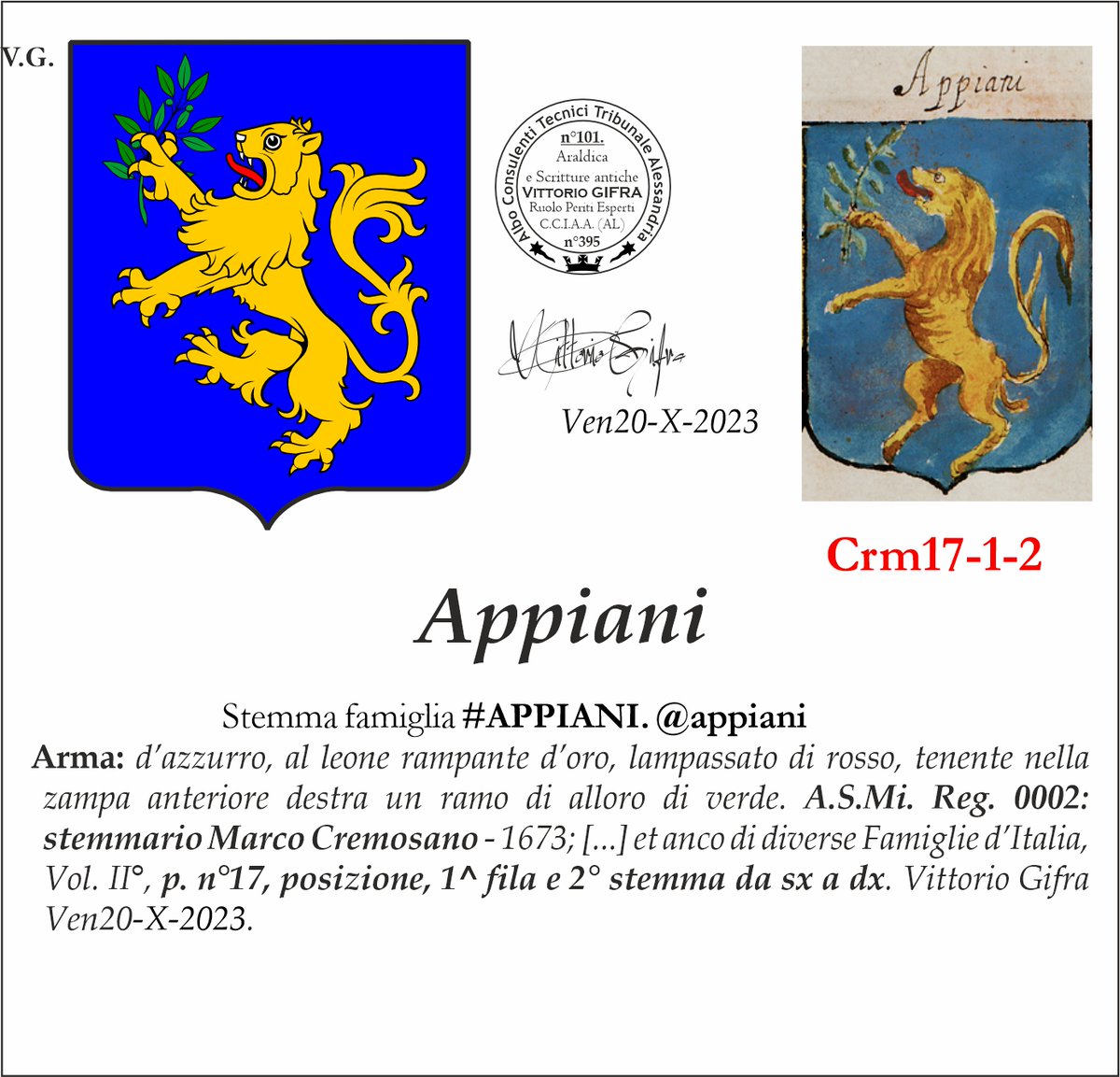 VGIFRA's tweet photo. Stemma famiglia #APPIANI. @appiani
A.S.Mi. Reg. 0002: stemmario Marco Cremosano - 1673; [...] et anco di diverse Famiglie d’Italia, Vol. II°, p. n°17, posizione, 1^ fila e 2° stemma da sx a dx. Vittorio Gifra Ven20-X-2023. https://t.co/7RfUcA9gfb