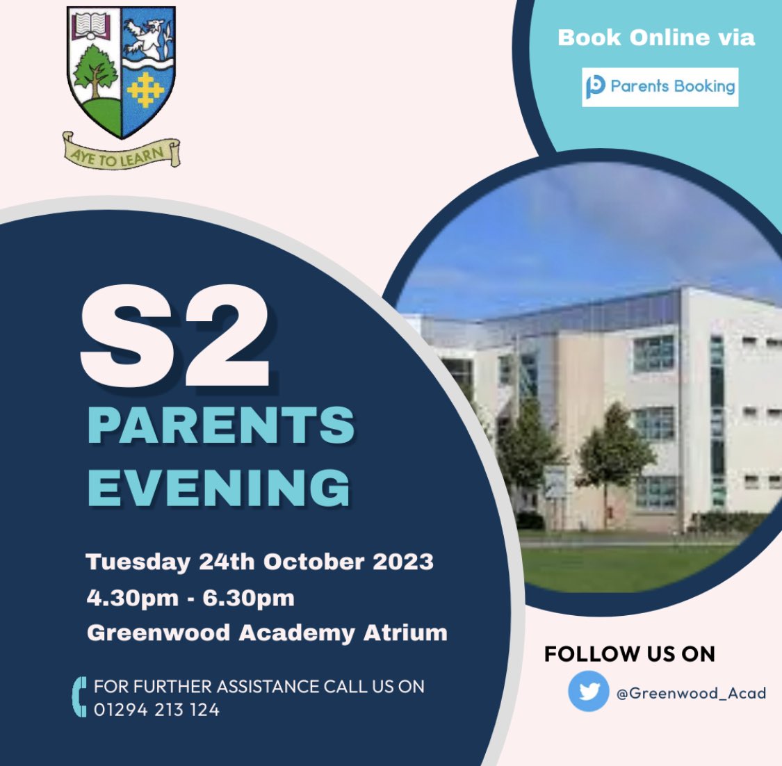 Greenwood_Acad's tweet image. Reminder! Date for the diary! Booking for S2 Parents Night is now open via Parents Booking. Any issues please contact the school office. #nextstepsinlearning