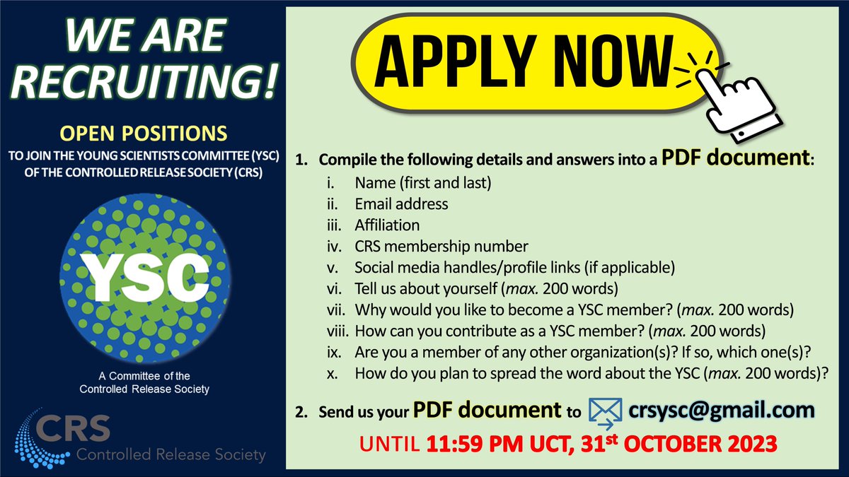 Young Scientist Committee YSC-CRS (@crs_ysc) on Twitter photo 📢 ATTENTION ALL @CRS MEMBERS! We are inviting APPLICATIONS TO JOIN THE YSC! To apply for a Member position and become part of our Committee, please submit your application to 📧 crsysc@gmail.com before 11:59 PM UCT on October 31st, 2023. #CRS #YSC #recruiting #retweet 📢 ATTENTION ALL @CRS MEMBERS! We are inviting APPLICATIONS TO JOIN THE YSC! To apply for a Member position and become part of our Committee, please submit your application to 📧 crsysc@gmail.com before 11:59 PM UCT on October 31st, 2023. #CRS #YSC #recruiting #retweet