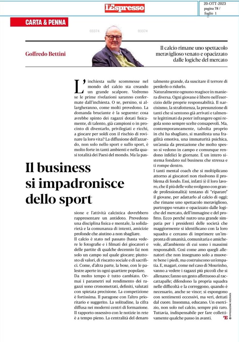 Cari amici,

Vi segnalo il mio intervento sull'Espresso sul caso scommesse nel calcio