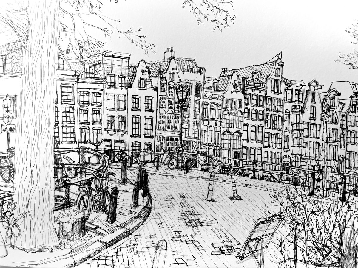 I just sketched this view whilst having lunch at the restaurant De Belhamel in Amsterdam. A fine city, fine dining, in the finest of company!