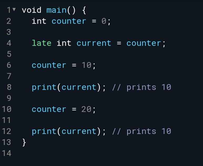 FresidentDumazy's tweet image. Not only do `late` variables allow you to assign a value later, they are also initialized lazily.
Only at line 8 the `current` variable gets assigned.
@dart_lang #dartdev