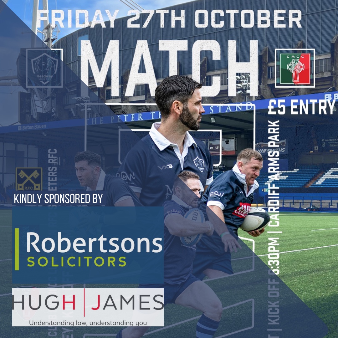 ⏰ Just ONE WEEK to go until the next Headway Select XV match! 🏉 A big thank you to their event sponsors, @RobertsonsLegal 🙌 

Don't miss out on this incredible event! Entry is only £5, so come down to Cardiff Arms Park and show your support👏

#HeadwaySelectXV #RobertsonsLegal