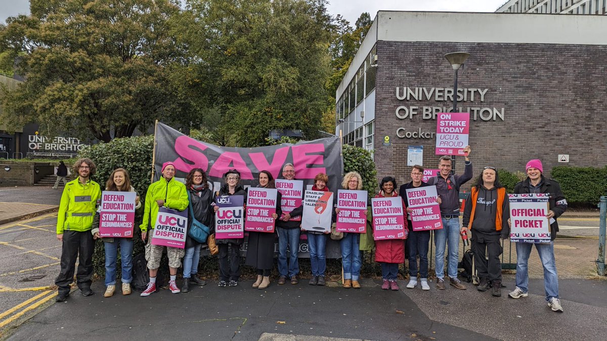 We're on strike until @uniofbrighton rescinds every single compulsory redundancy! If our managers think we'll come back to work next week they've got another thing coming. SMT has made its needless financial savings through VR & resignations. Stop the cuts #savebrightonuni