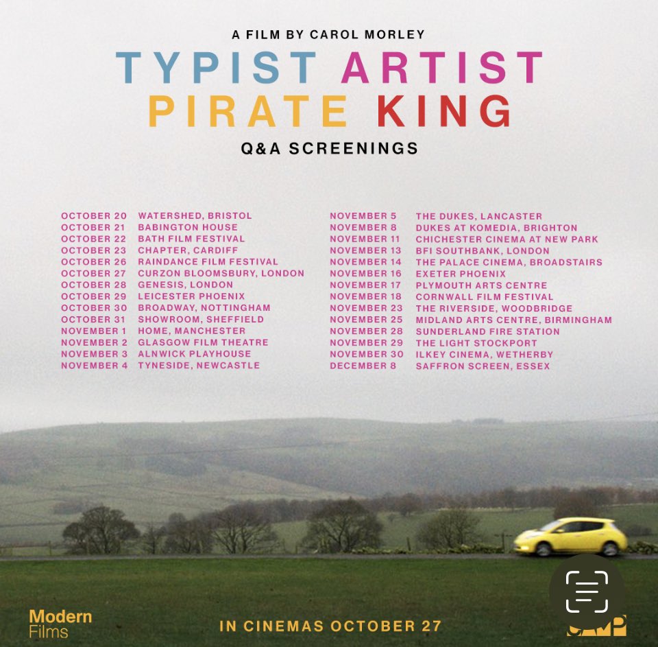 Here is the bang up to date Q&A tour for #typistartistpirateking In cinemas 27/10 . Badges at all Q&A screenings.