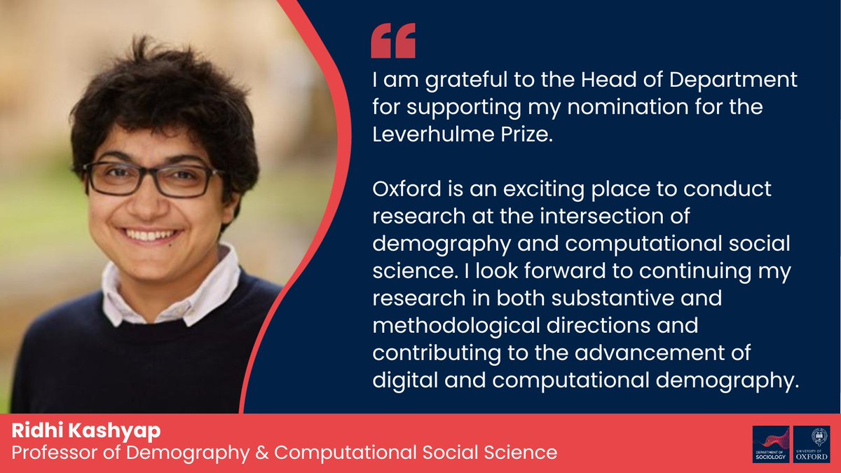 🥳 Congratulations Professor @ridhikash07 for receiving the prestigious @LeverhulmeTrust Philip Leverhulme Prize! 🏆 Ridhi received the award for her outstanding work on demography, computational social science & gender inequalities 👏 Read more ➡️ sociology.ox.ac.uk/article/profes…