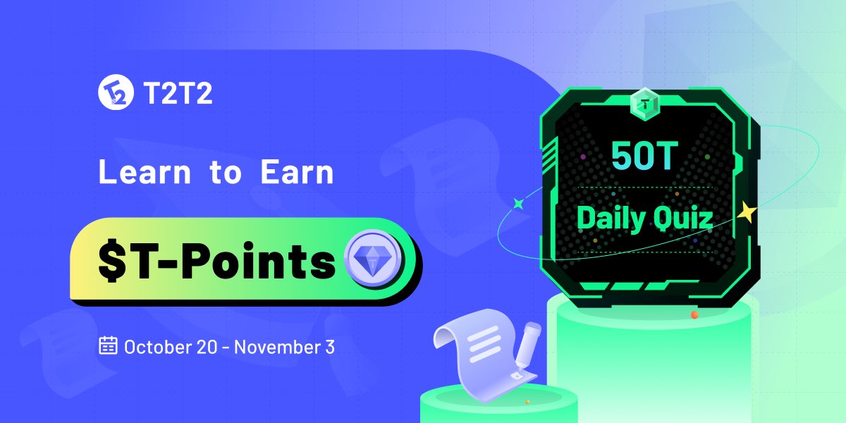 T2T2_official's tweet photo. #T2T2Bonus💰𝗟𝗲𝗮𝗿𝗻 𝘁𝗼 𝗘𝗮𝗿𝗻 𝗗𝗮𝗶𝗹𝘆 𝗤𝘂𝗶𝘇 on T2T2

Attention, #T2T2 fam! The challenge begins TODAY at 18:00 UTC+8! 🚀

With 50 $T-Points everyday and special 100 $T-Points each week, participants can max out at 𝟵𝟬𝟬 $T-Points!

#T2T2 App ▶️ 𝗖𝗮𝗺𝗽𝗮𝗶𝗴𝗻 section in the 𝗤𝘂𝗲𝘀𝘁 tab ▶️ Learn to Earn - Daily Quiz. Daily quiz updates at 18:00 UTC+8.

🗓 October 20 - November 3

Tips: wrong answer won't lead to rewards on that day. Try again next time!

Don't miss your chance to win big! 💰🕙 

#T2T2 #TPoint #learntoearn #quiz