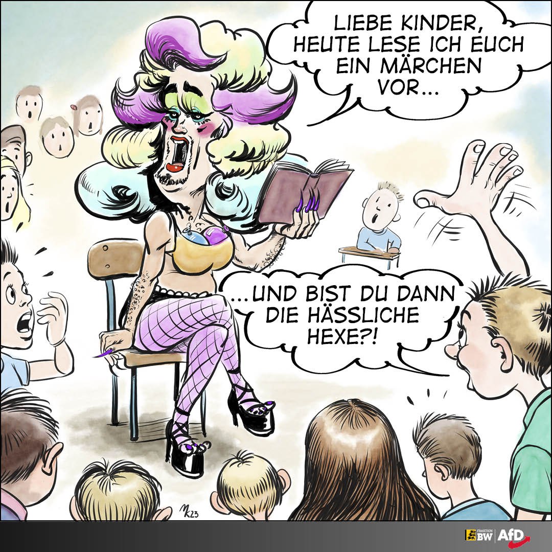 AfDFraktionBW's tweet photo. »Hände weg von unseren Kindern: Genderpropaganda verbieten«
Kinderbuchlesung mit Dragqueen diesen Sonntag in #Ludwigsburg! Die AfD protestiert!

Am kommenden Sonntag findet in Ludwigsburg eine Kinderbuchlesung der DragQueen Candy Licious statt. Sie liest dort, wie könnte es anders sein, Kindern aus ihrem illustren Leben vor. Die Stadt Ludwigsburg selbst bewirbt auf ihrer Internetseite die Veranstaltung explizit damit, dass sie Kindern die sogenannte »LGBTIQ«-Ideologie näherbringen soll. Unter anderem heißt es in diesem Zusammenhang: »Die Wiener Dragqueen Candy Licious will den Kindern zeigen, dass es ›ok‹ ist, wenn man als erwachsener Mann etwas anders aussieht.« Und weiter: »Die Kinderbuchlesung eignet sich für Kinder ab 4 Jahre bis 100 Jahre.«

Schon Vierjährige sollen hier politisch motiviert mit sexuell orientierten Themen konfrontiert werden! Eine solche Frühsexualisierung von Kleinkindern ist inakzeptabel und moralisch wie ethisch verwerflich: Travestie-Veranstaltungen sind per se sexualisiert. Die Teilnahme von Kindern ist absolut abzulehnen.

Die Aussage, dass die Dragqueen den Kindern wirklich nur erklären will, dass es »ok ist, wenn man als erwachsener Mann etwas anders aussieht«, ist stark zu bezweifeln. So tat sich Bernie Ledinski – so sein bürgerlicher Name – in seiner Heimatstadt Wien bereits damit hervor, dass er Taxifahrer in Diversität unterrichtete. Er selbst spricht von sich zudem offen als Aktivist. Er hat eine klare politische Agenda, für deren Verbreitung er eben auch vor Kindern nicht Halt macht. Das führte in Wien bereits zu riesigen Protesten. Eltern sind zu Recht beunruhigt, wenn ihre Kinder unverblümt mit hochsexualisierten Inhalten konfrontiert werden sollen. Sie machten zahlreich deutlich, dass sie damit nicht einverstanden sind.

Aus diesem Grund haben unsere Parteifreunde in Ludwigsburg eine Demonstration angemeldet. Auch dort ist der Unmut groß über die Vorgänge. Die Demonstration findet an der Ecke Wilhelmstraße 38 / Gartenstrasse 27 in Ludwigsburg statt und beginnt dort um 11 Uhr.

Krude ist zudem die Tatsache, dass sowohl Format als auch Veranstaltungsort mit öffentlichen Geldern subventioniert werden. In diesem Zusammenhang stellen sich Fragen zur Haltung der Landesregierung zu Veranstaltungen, bei denen Männern in Frauenkleidung der sexualisierte Zugriff auf Kindern gewährt werden soll. Die AfD-Fraktion sieht hier ein staatlich gefördertes Zentrum, das nicht nur linksextrem orientiert ist, sondern auch das sexuelle Heranpirschen erwachsener Männer an kleine Kinder ermöglicht. Das ist mit der AfD nicht zu machen. Es ist unverantwortlich, in welch gefährliche Situation Kinder hier gebracht werden. Der Landesregierung ist offenbar jedes Mittel recht, um Kinder möglichst früh zu ideologisieren und zu sexualisieren. Sie opfert unsere Kinder auf dem Altar der LGBTIQ-Bewegung.

#AfD #alternativefürdeutschland #nurnochAfD #stuttgart #afdfraktionbw #badenwürttemberg #migration #deutschland #📷 #📷📷📷 #📷 #politik #mutzurwahrheit #stolz #deutschland #nurmituns #seischlauwählblau #krankewelt #widerstand #impfzwang #📷 #abschieben #freiheit #📷
