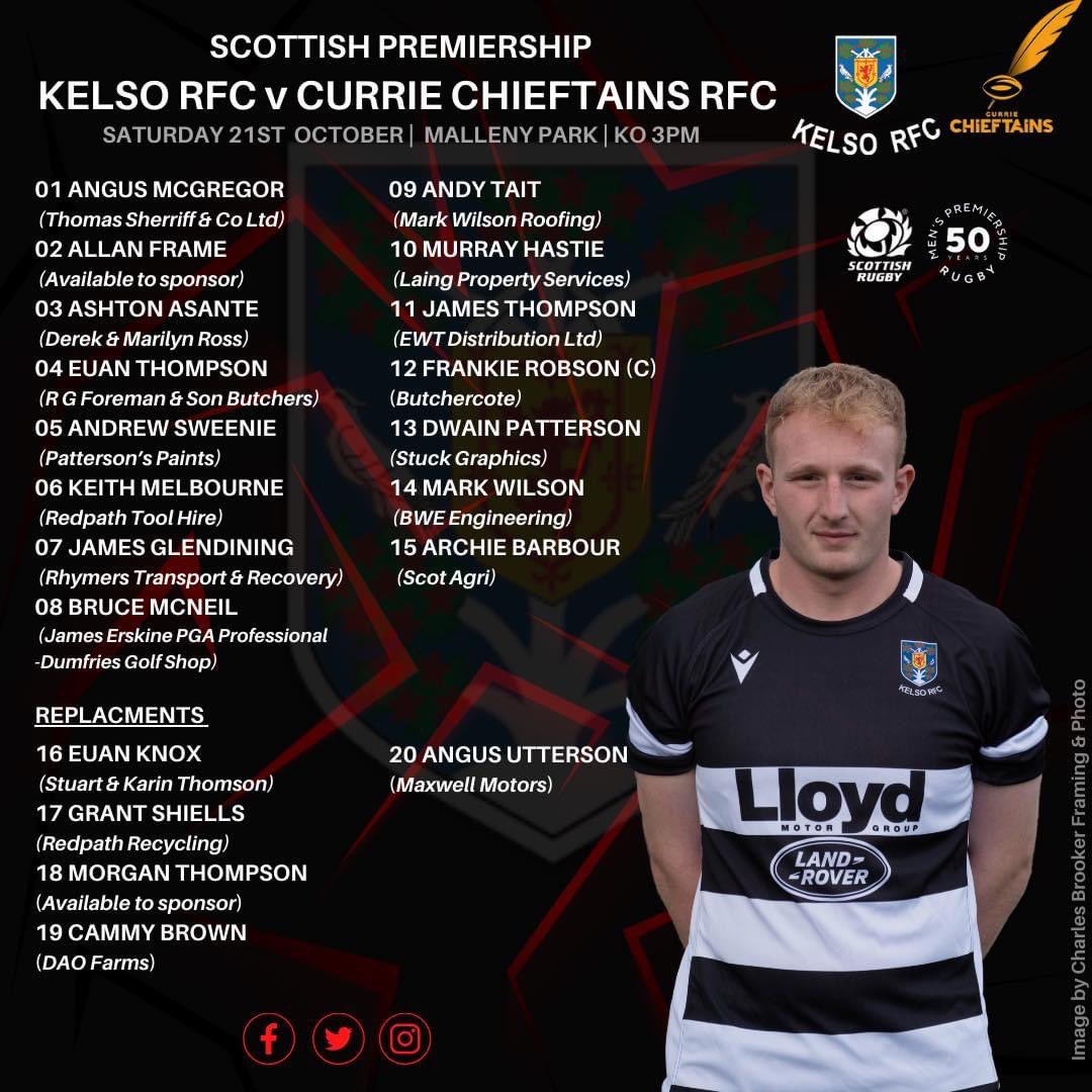 KelsoRugby's tweet image. ⚫️⚪️ SQUAD ANNOUNCEMENT ⚫️⚪️

Kelso RFC 1st XV squad to play against Currie Chieftains away tomorrow afternoon.

📍Malleny Park
⏰ KO 3pm 

⚫️⚪️

Lloyd Land Rover Kelso 

#OneClub #OneCommunity #BlacknWhiteJersey