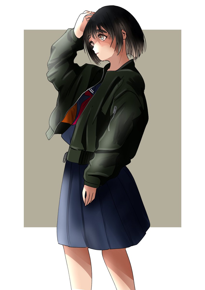1girl solo skirt school uniform serafuku short hair black hair  illustration images