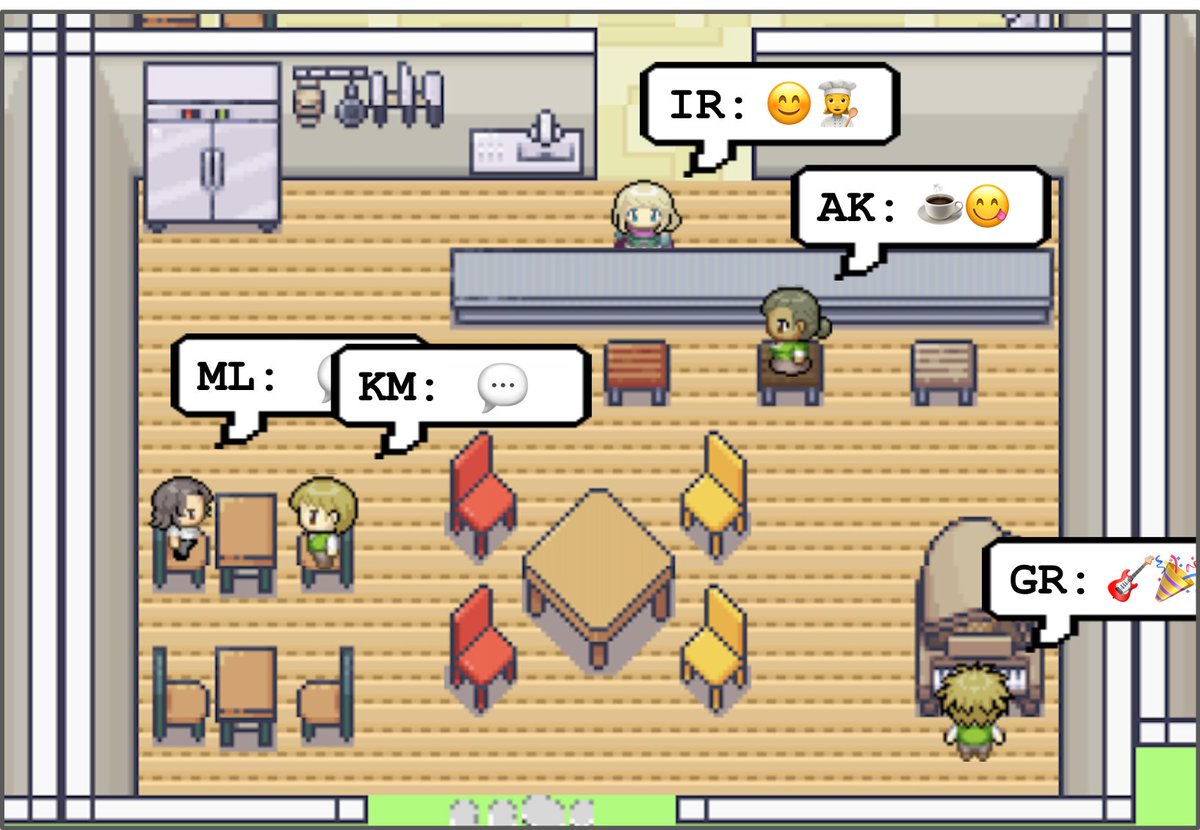 Image of a 2D pixel game world from the "Generative Agents" paper. In the paper, the agents are having a Valentine's Day party in a cafe.