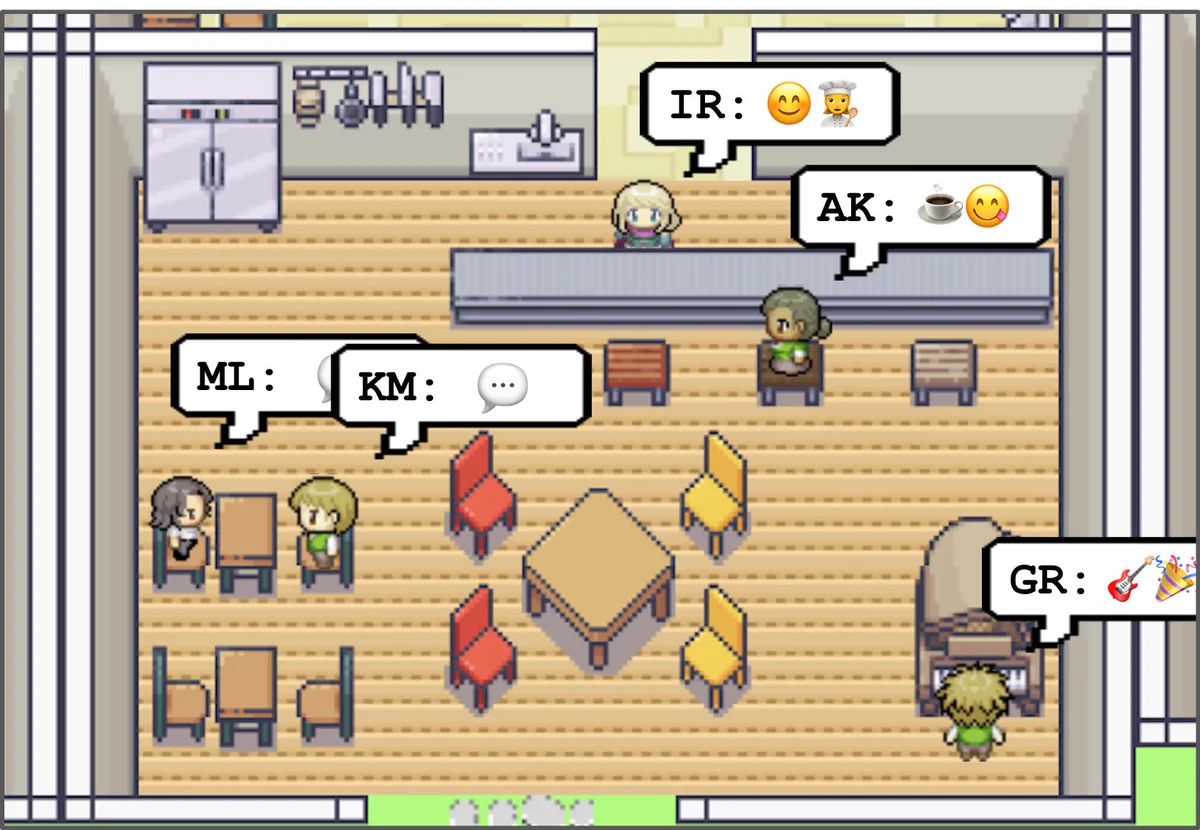 Image of a 2D pixel game world from the "Generative Agents" paper. In the paper, the agents are having a Valentine's Day party in a cafe.