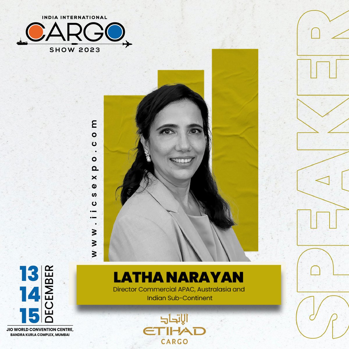 It's an absolute honor to welcome Ms. Latha Narayan , Director Commercial APAC, Australasia and Indian Sub-Continent, at Etihad Cargo, as a speaker for the upcoming edition of #IICS Conference 2023.
