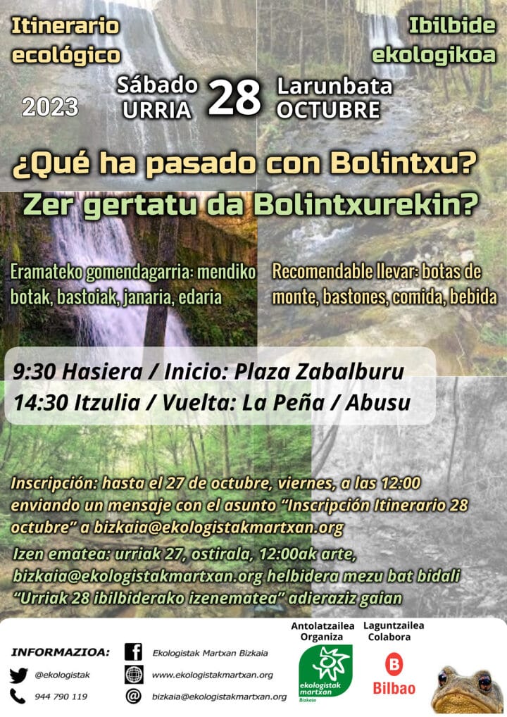 🥾Gurekin Bolintxuren egungo egoera, Pagasarriko ingurumena hobetzeko egin dena eta egiteko dagoena ezagutzera etortzera animatzen zaituztegu! 🕝9:30 Hasiera: Plaza Zabalburu 🕝14:30 Itzulia: La Peña / Abusu Eramateko gomendagarria: mendiko botak, bastoiak, janaria eta edaria.