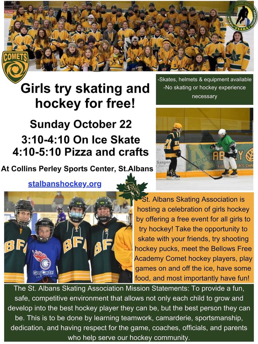 Girls Try Hockey For Free is open to all SASA players of any age as well as Girls who do not play hockey but would like to try. Come skate with the Comets and stay after for some Pizza and other activities like puck painting. Equipment will be available if you do not have any.