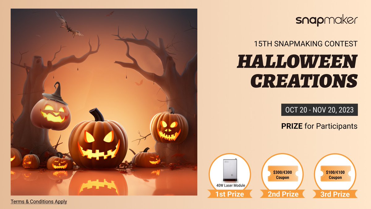 snapmaker's tweet image. Join the 15th Snapmaking Contest - Halloween Creations!🎃
📌Submit entry here: snapmaker.formcrafts.com/contest
💡To participate, simply fill out the form and share your creation with the Snapmaker community. Don't forget to use the hashtags #snapmaking and #halloween.