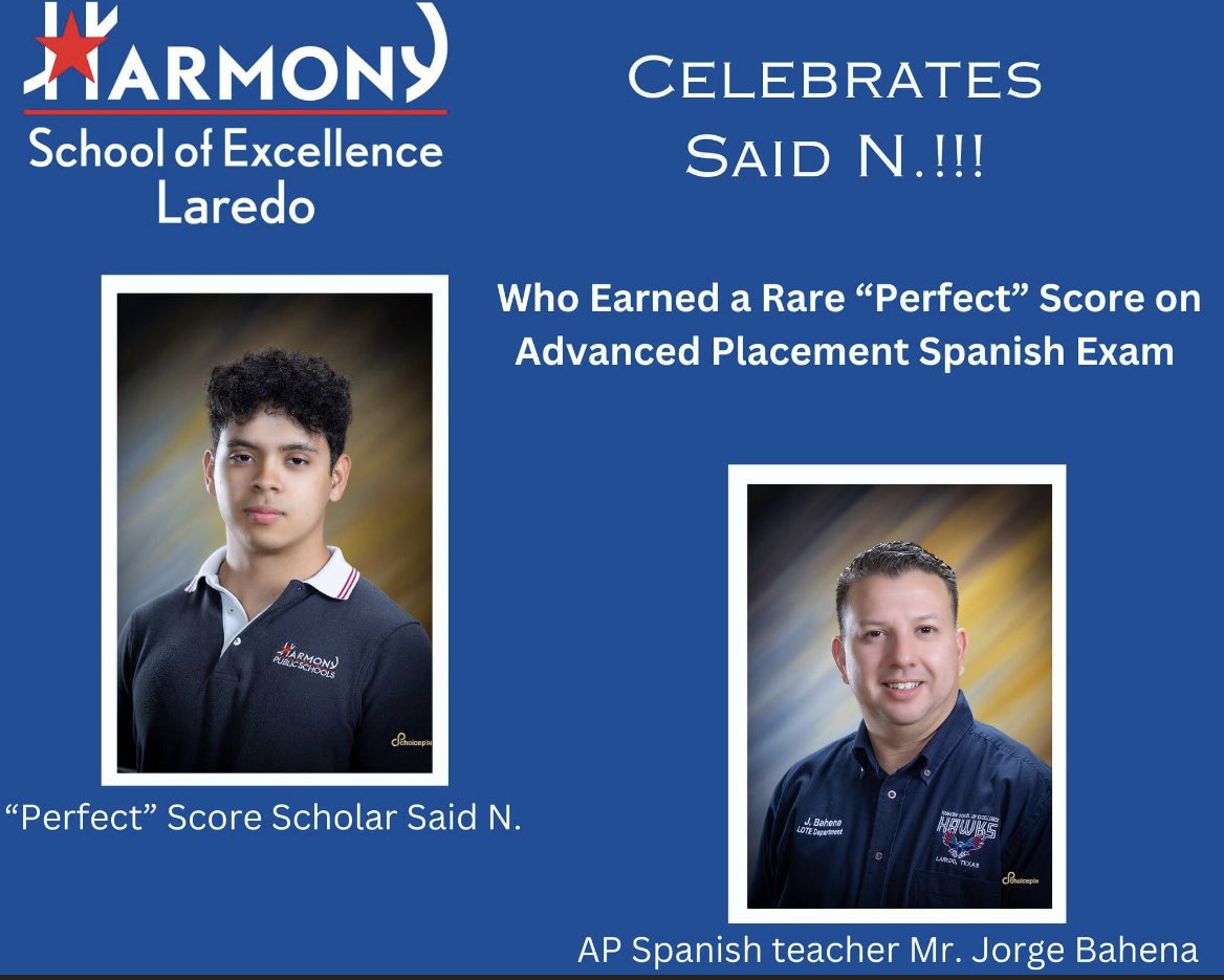 We celebrate a remarkable achievement of one of our scholars Said N's performance on the AP® Spanish Language and Culture Exam in May 2023 which was so superior that it falls into a rather select category.

Way to go Said N!

#perfectscore
#apspanish
#ApplyHarmony