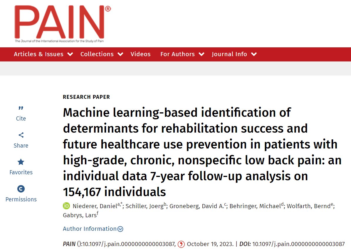 Our new article on Machine learning-based identification of determinants for rehabilitation success and future healthcare use prevention in patients with low back pain has just been published in @PAINthejournal. Kudos to Daniel Niederer and the team! journals.lww.com/pain/abstract/…