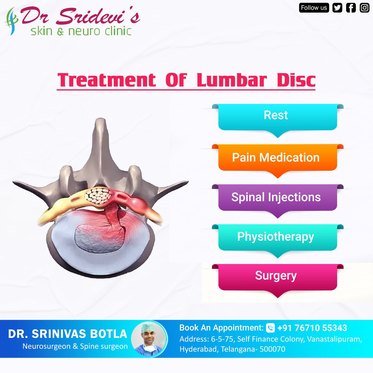 Treatment with #Rest, #Painmedication, #SpinalInjections, and #Physical Therapy 
is the first step to recovery from #LumbarDisk.

Meet our expert for best treatment
#drsrinivasbotla #skin&neuroclinic #neurosurgeon #yashodahospital #malakpet #spinesurgeon #neurosurgery