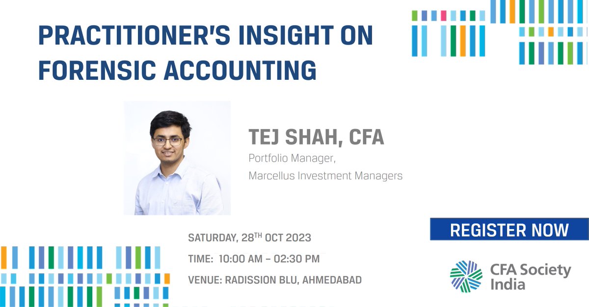 Join us at Ahmedabad to hear from <a href="/tejshah_94/">Tej Shah</a> as he delivers a 'Practitioner's Insight on Forensic Accounting'. He is a Portfolio Manager at Marcellus Investment Managers. 
Date - 28 Oct, 2023
TIME-10am–2.30pm 
Venue - Radisson Blu, Ahmedabad
#RegisterNow-tinyurl.com/mr2m5wp8
