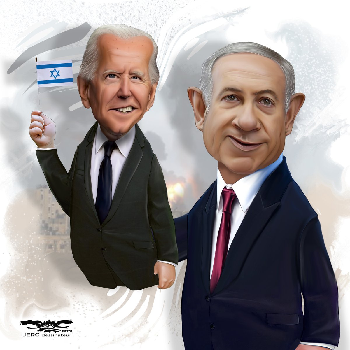 dessingraffjerc's tweet photo. dessin de @dessingraffjerc et texte d'AKAKU du vendredi 20 octobre 2023
Caricature Biden, Netanyahu
- Et c'est les civils qui l'ont dans l'US -
#gaza #israel #hamasterrorists #israelterrorist #paix #attentat #Charognards #extremedroite #RHaine #intolerence https://t.co/5Z8DSM8OKr
