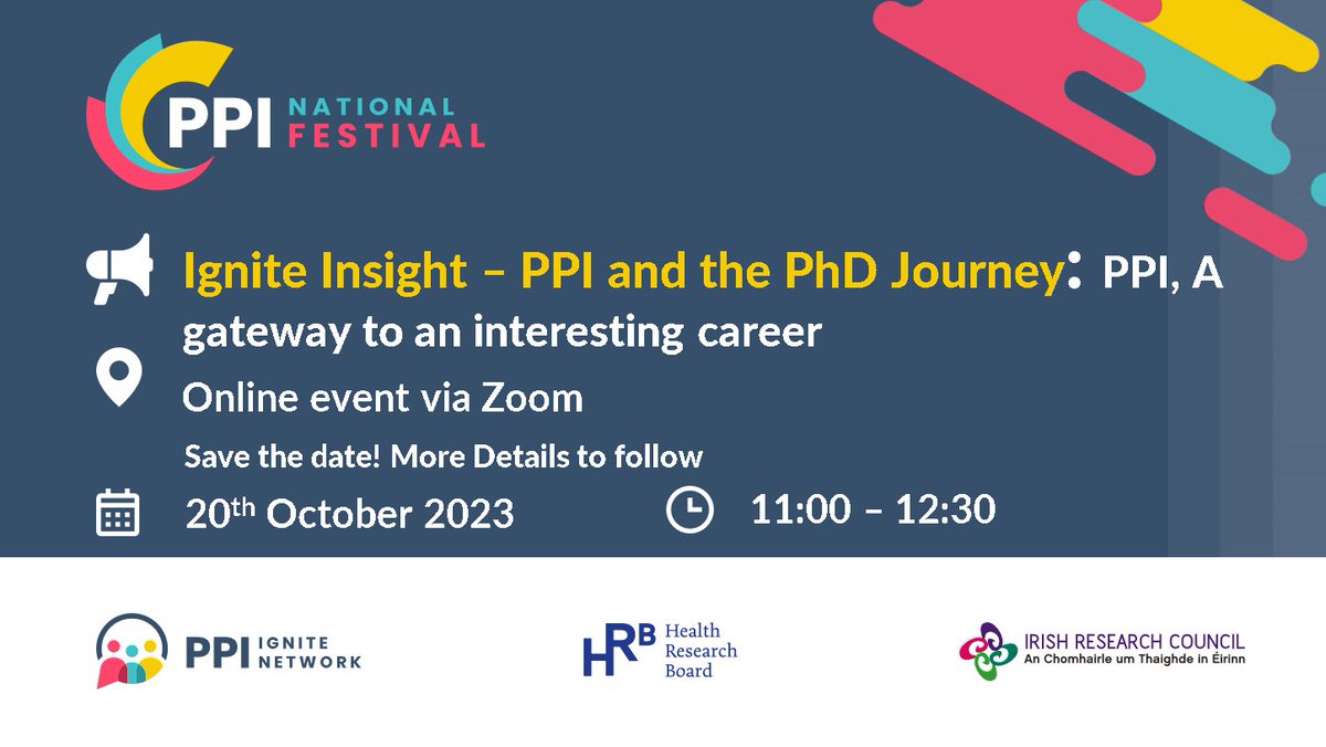 Ignite Insight: calling all PhD scholars PPI - a gateway to an interesting career Online 11am today 20 October - register here ppinetwork.ie/event-listing/… ▶️Dr Nikki Warner @IrishCancerSoc ▶️Dr Maria Quinlan @HSEResearch ▶️Dr Edel Tierney @tusla