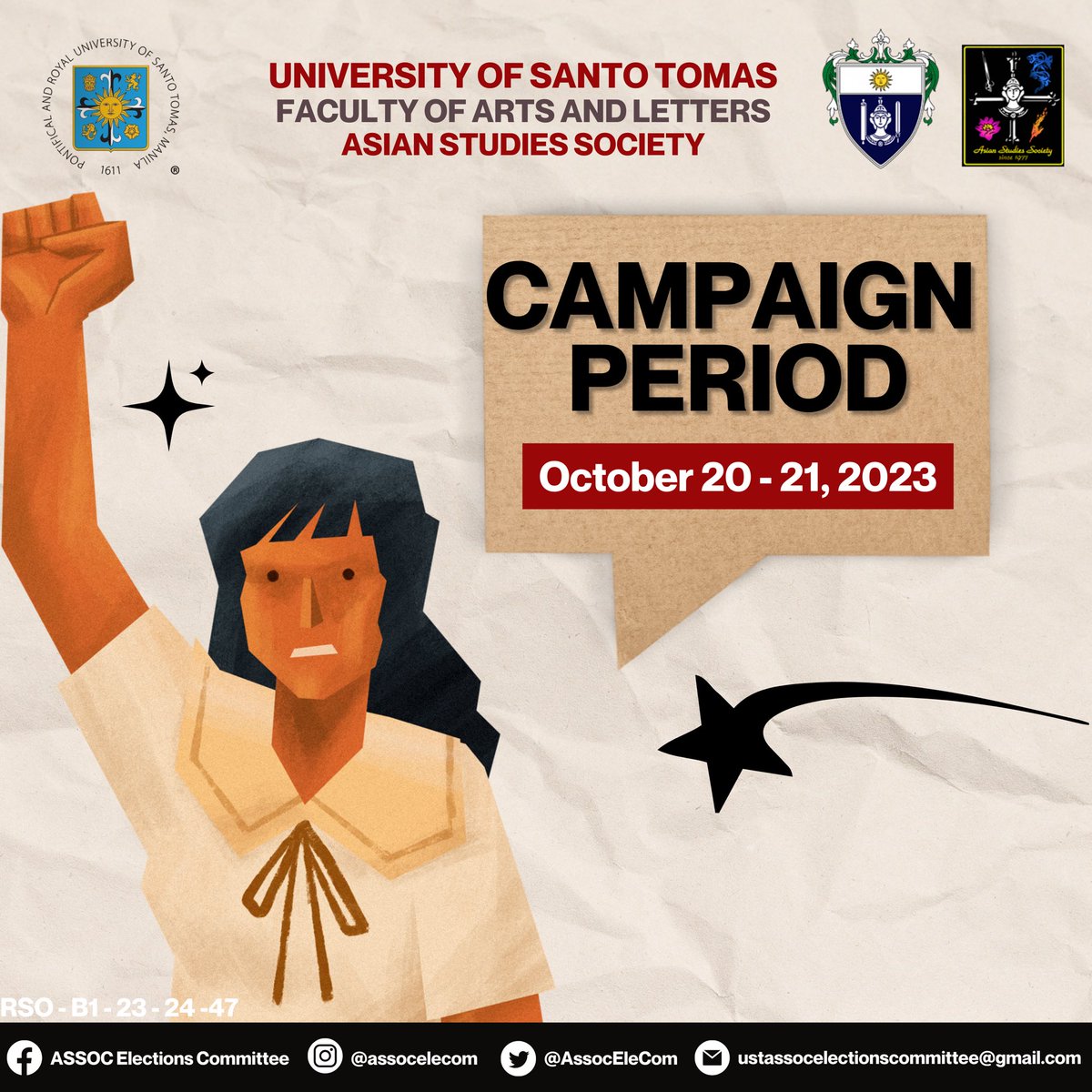 AssocEleCom's tweet photo. 📣 Attention, Dragons!

Today is the official start of the campaign period for those running in the UST Asian Studies Society Special Elections 2023.

Please be mindful regarding the campaign procedures. Good luck, candidates! 🐉 https://t.co/dQ9xczcBpE
