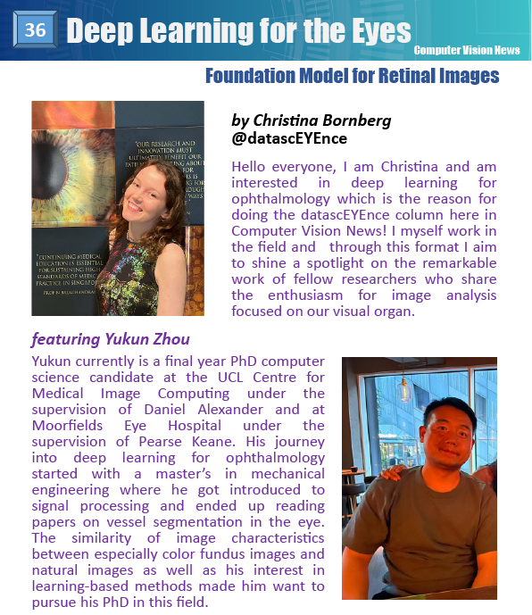 datasceyence's tweet photo. Another month, another datascEYEnce highlight! For the October version of the @RSIPvision Computer Vision Magazine, I interviewed @Yukunzhou19 about RETFound - a foundation model for retinal images: https://t.co/4r0wDFHwYG https://t.co/QuNgfppoLl