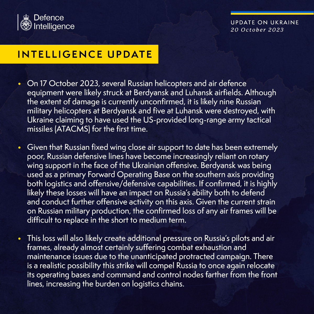 The latest Defence Intelligence update - 20 October 2023. Please read thread for full image text. 