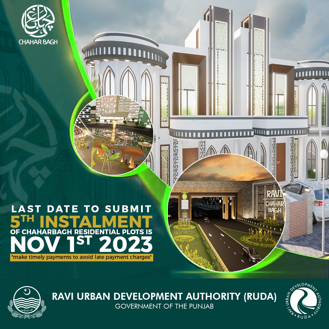Ravi_RUDA's tweet photo. The last date to submit the 5th Instalment of ChaharBagh Residential Plots is November 01st 2023.
To avoid late payment charges, applicants/members can pay their pending payments within due date. 
#RUDA #ChaharBagh #installment #YearofUnity #BuildingTheFuture #GovtofPunjab https://t.co/Lj9mPim6Fr