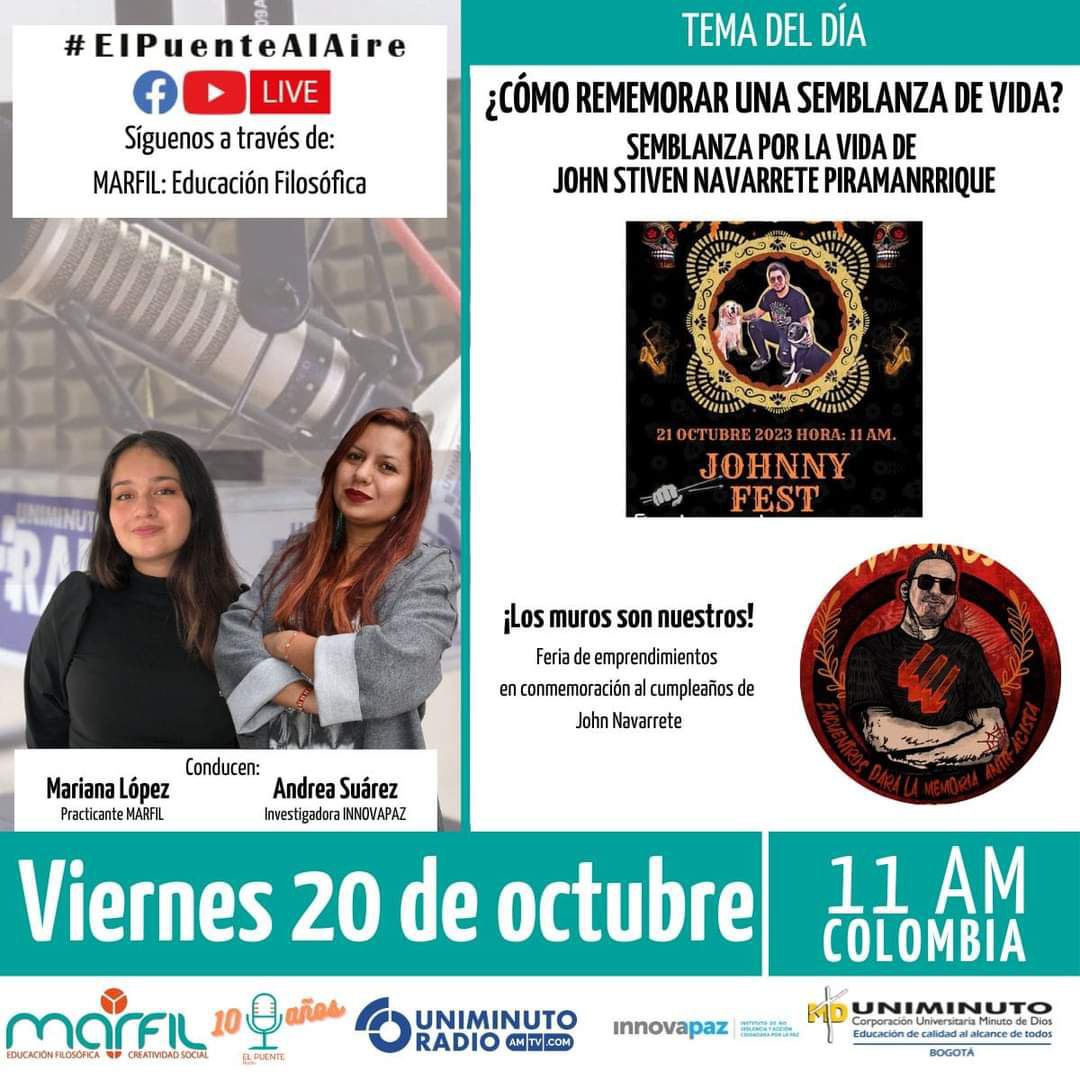 La memoria es asunto de cada uno... Pero nuestros octubres serán más rojos cada año en tú nombre camarada. Los esperamos en los homenajes dispuestos para el clásico Johnny fest Muralismo Presentaciones Octuniñez Feria de emprendimientos y más... (///)