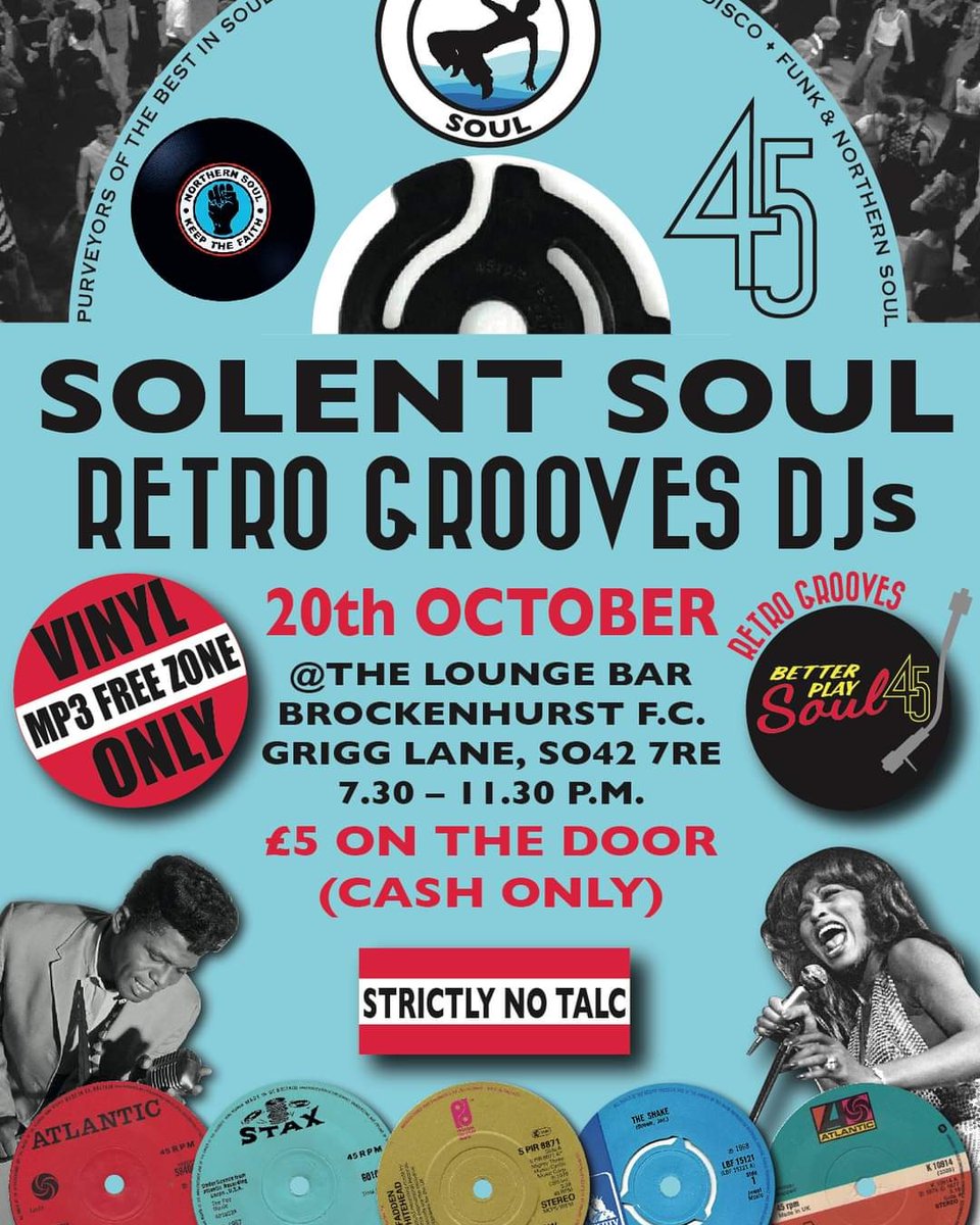 SOLENT SOUL TONIGHT

19.30-23.30
£5 per person on the door (Cash Only)
Solent Soul will be playing their 3rd event <a href="/Brock_FC/">Brockenhurst FC</a>

John &amp; S-j (Retro Grooves) will be playing a mix of the popular &amp; the hardly heard Motown, Soul, Disco, Funk, Northern &amp; 60s R&amp;B classics