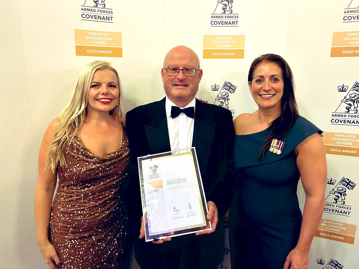 Last night @derbyshcft collected our #GoldERS Award 🏆 
So proud of what we have achieved, bronze to gold in 13 months 💛
Lovely night with our Deputy Trust Chair Tony Edwards & the fabulous @BexBennett9 #armedforcescommunity @east_mids_rfca