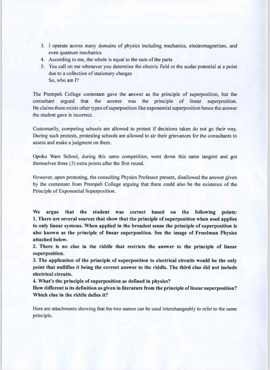 kaessuman's tweet photo. This is the formal protest lodged by Prempeh College. PRESEC released a press statement to calm their old boys who were making all kinds of noise. Did anyone see a formal protest from PRESEC with evidence? NO! Why? Because there was NONE! 

I congratulated OPUSCO and wished them well in the finals and I don’t take that back. They are our junior brothers and we want them to do well.

But wrong is wrong and if the consultant and NSMQ got it wrong, they must be told. The quiz is a science contest and opinions do not matter. What matters is proof and that is what we have provided in our protest. In as much as this is all fun and games, many young people learn from the quiz and it is absolutely wrong to allow them to learn incorrect science principles. 

Then there is also the question of fairness. @NSMQGhana should do the right thing, and at least provide counter proof of explanation as to why our protest should not stand. 

Or I go dey explain, explain, explain taya 🤣

#NSMQ2023