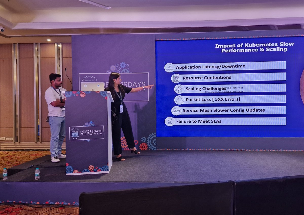 DevOpsBarbie's tweet photo. @devopsdays_blr Anchan Jain &amp; Rajat Porwal at @devopsdays_blr with a walk-through of cloud scaling and service mesh intricacies, offering us (or: DevOps professionals) a guide for facing unexpected challenges #devopsdays https://t.co/pr3tjCtRKr