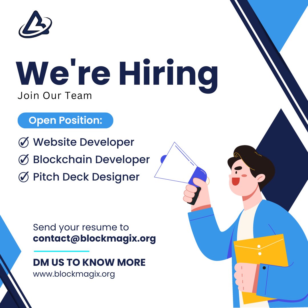 Ready to be part of a forward-thinking team impacting the blockchain world? 
Join us at BlockMagix!🤝🌟
Send your resume to contact@blockmagix.org 📧
.
#hiring #nowhiring #hiringnow #jobhiring #instahiring #alwayshiring #imhiring #careeropportunities #employeedevelopment