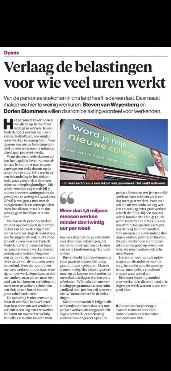 Samen met @DorienBlommers pleidooi in het <a href="/ADnl/">AD.nl</a> voor invoering van een financieel ‘urenvoordeel’ voor wie veel uren werkt. Zo gaat werken meer lonen en bestrijden we het personeelstekort. #eerlijkeeconomie #D66