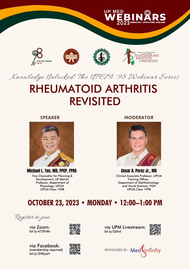 UPCM98's tweet photo. Join us on RHEUMATOID ARTHRITIS on Oct 23, Mon, 12nn.. brought to you by the 2023 Silver Jubilarians, UPCM ‘98!

• Zoom – https://t.co/da4y8oj89q
• Facebook – https://t.co/cWCFvxAOpI
• UPM Livestream – https://t.co/jm6qmPOnFl

@UPManilaOnline #UPCM98 #rheumatoidarthritis https://t.co/xh9JRfWksP