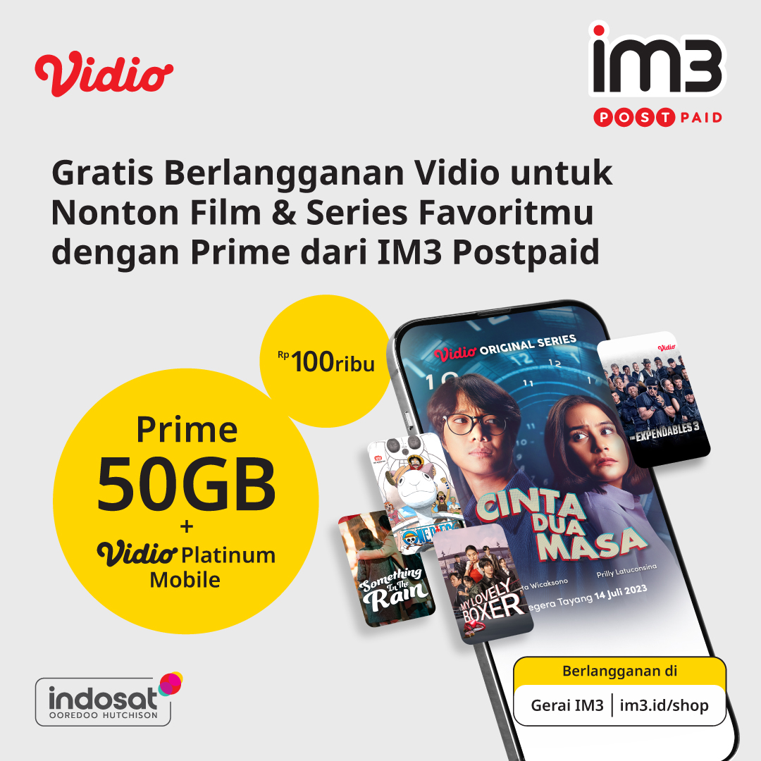 indosatim3's tweet photo. Akhir pekan waktunya movie marathon film atau series favorit! Makin happy karena kamu bisa nikmatin Gratis Berlangganan Vidio Platinum Mobile dengan IM3 Postpaid.

Dapat kuota 50GB harga 100ribu, langganan sekarang di https://t.co/LCzZdk7OQg atau Gerai IM3! https://t.co/tWCup2zORu