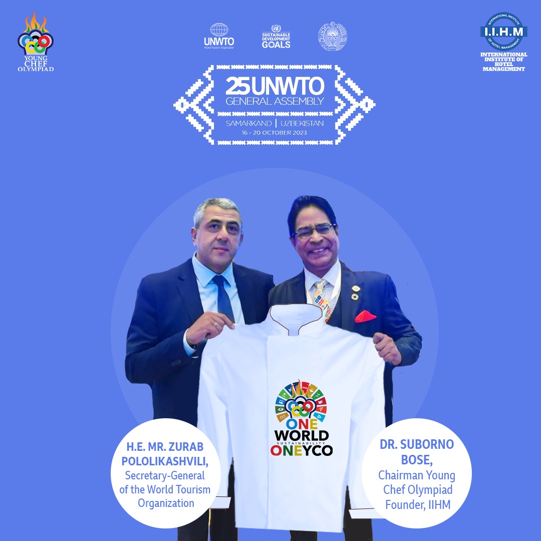 IIHMHOTELSCHOOL's tweet image. On #InternationalChefsDay, it's a great honor for chefs worldwide and IIHM as UNWTO Secretary General Zurab Pololikashvili and YCO Chairman @subornobose   unveil the Commemorative YCO Chef Jacket at the 25th UNWTO session in Samarkand, promoting #Sustainability and #SDGGoals.