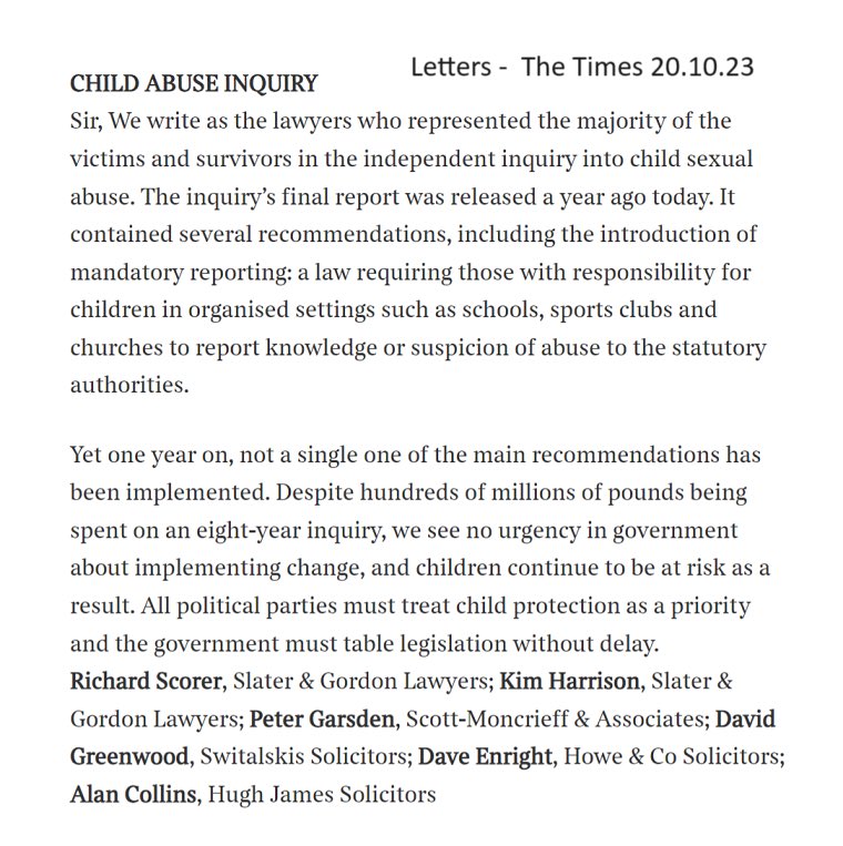 Letter in The Times today from myself and legal colleagues - IICSA’s final report was published a year ago today, but a year on, disgracefully, not a single one of the main recommendations has been implemented.