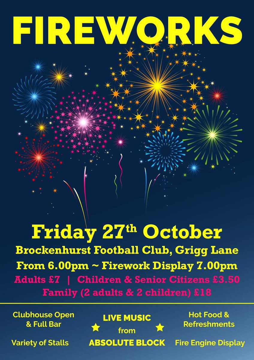 FIREWORKS NEXT FRIDAY EVENING

It's going to be a fantastic night starting from 6pm. Admission is on the night, so get down early to avoid disappointment, numbers are limited. Great night, Great Band, Clubhouse Open, Food Stalls what more do you need! 👍💥