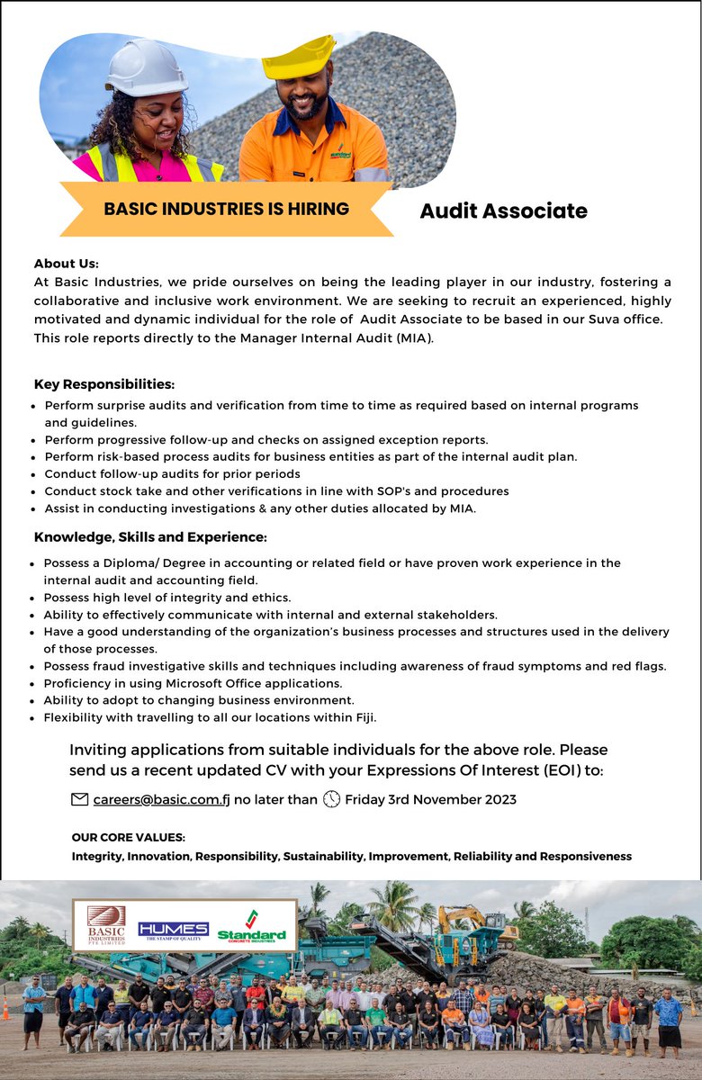 #nowhiring an AUDIT ASSOCIATE.
Please read the job description and you've got what it takes, submit an application along with relevant documents to:
careers@basic.com.fj no later than Friday 3rd November 2023.

#jobsfiji #jobsinfiji #fijijobs #TeamFiji #jobsearch