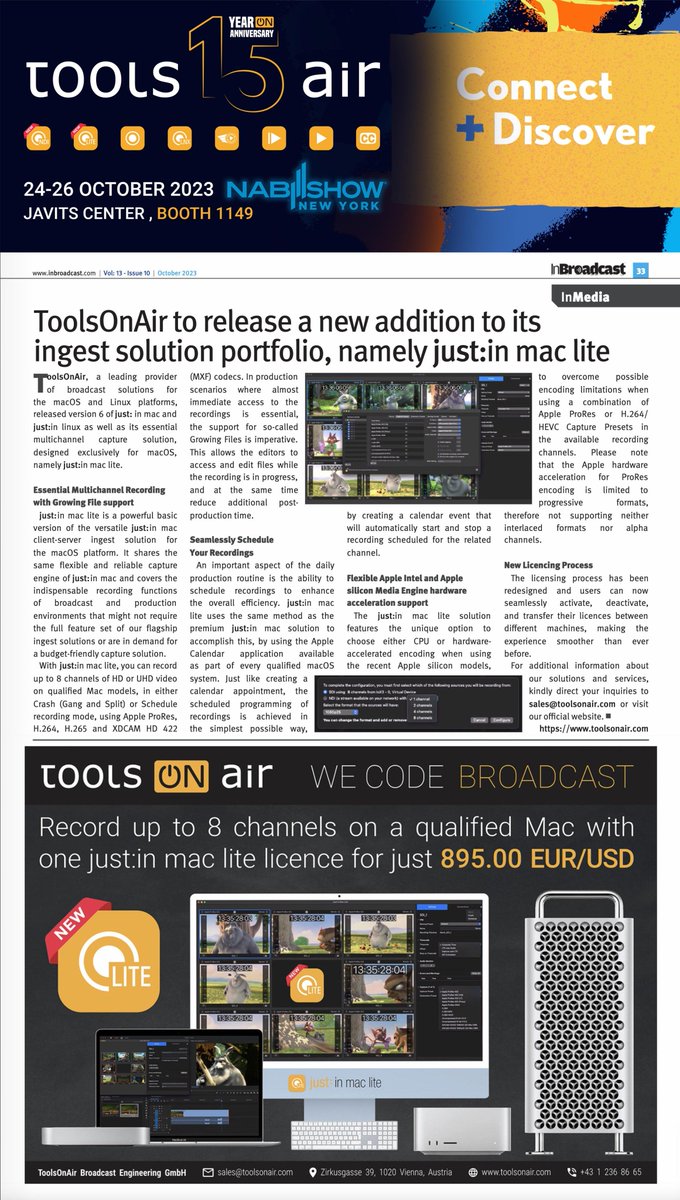 🎉 Join us at <a href="/NABShow/">NAB Show</a>  New York 2023 to celebrate ToolsOnAir's 15-year anniversary!

📅 Dates: October 25-26, 2023
📍 Location: Javits Center, NYC

Discover the latest macOS and Linux solutions, including two exciting additions unveiled at IBC 2023. Visit booth 1149 on Level 3